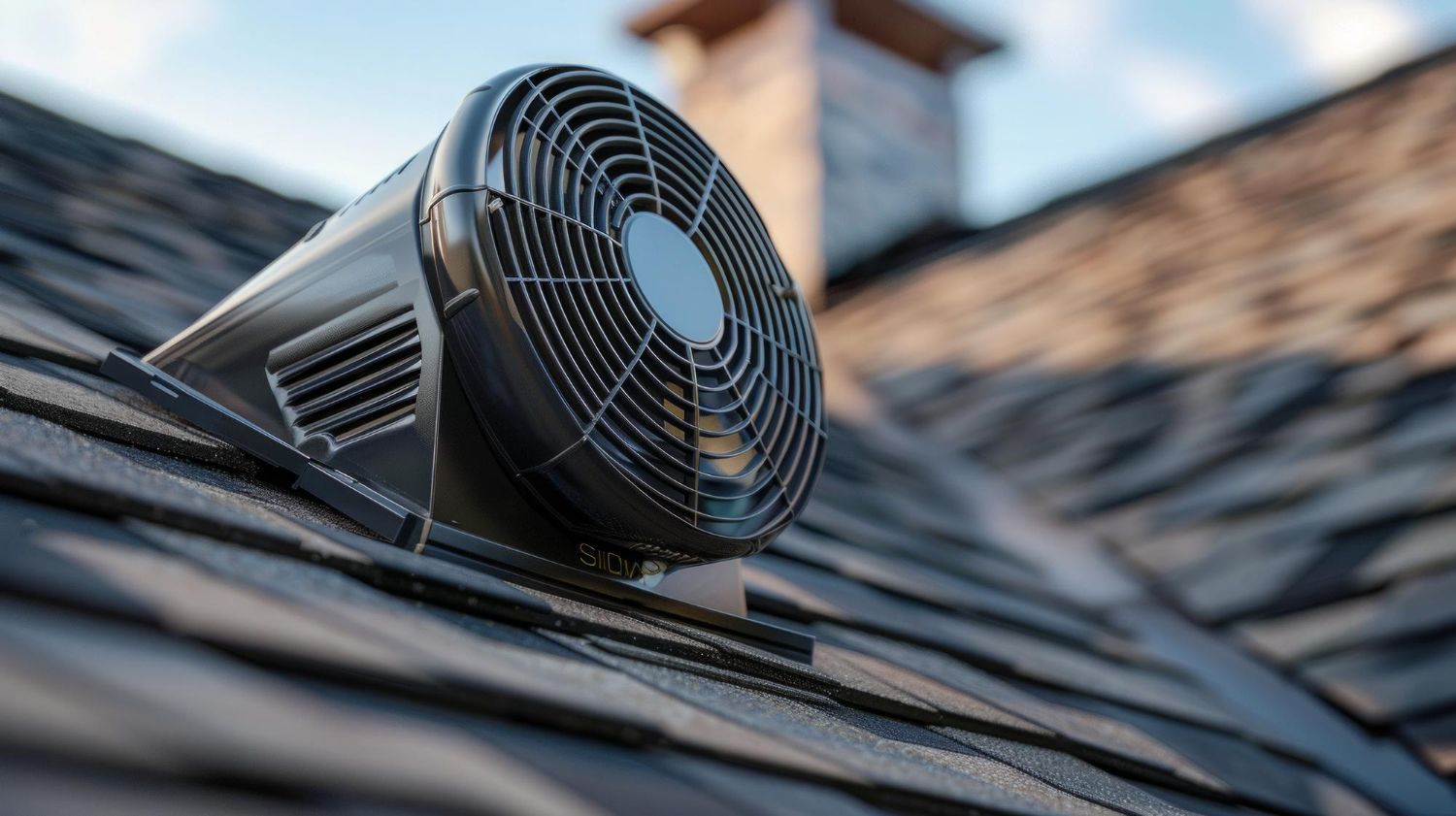 A fan is sitting on top of a roof.