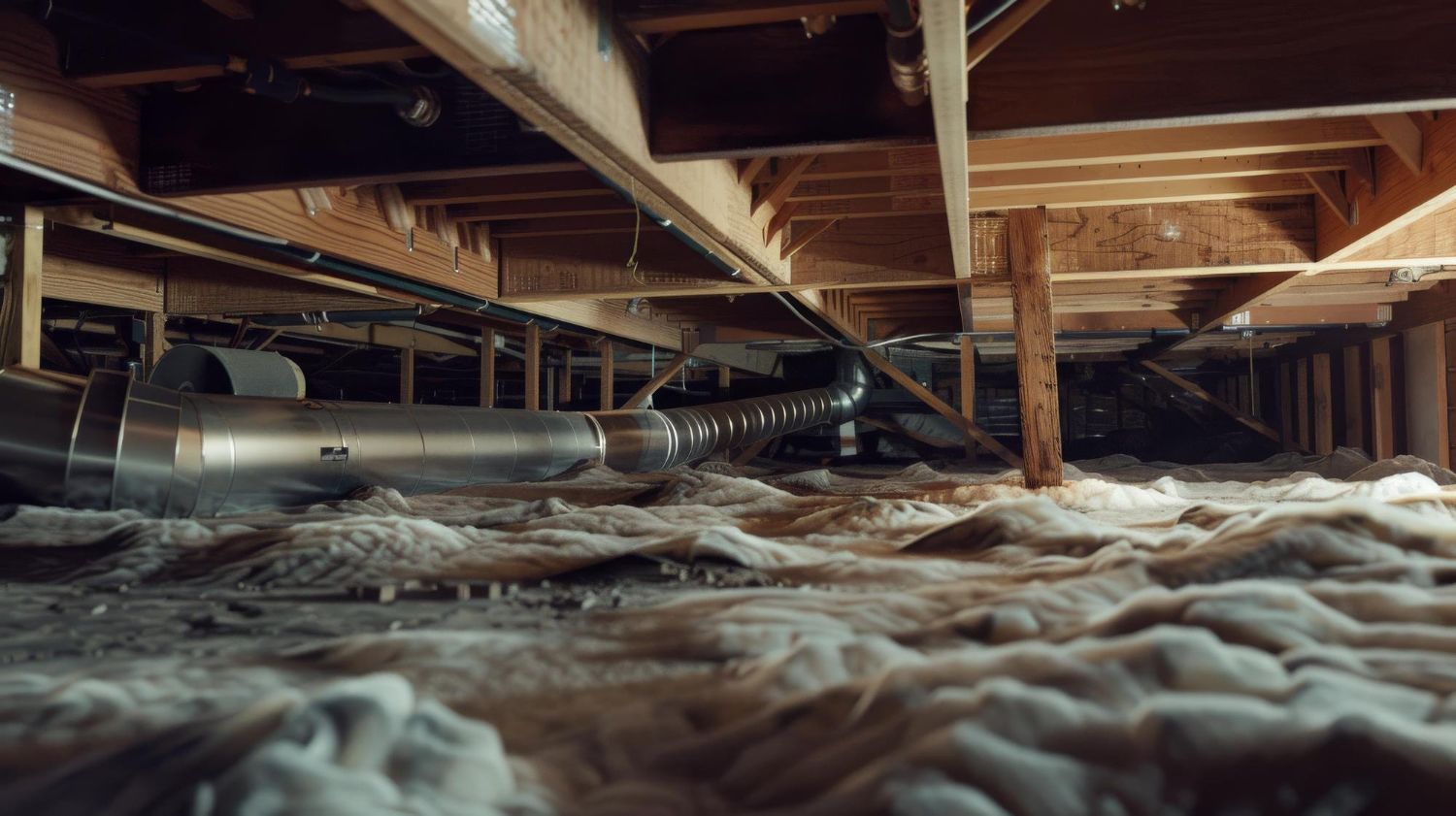 There is a lot of insulation in the attic of a house.