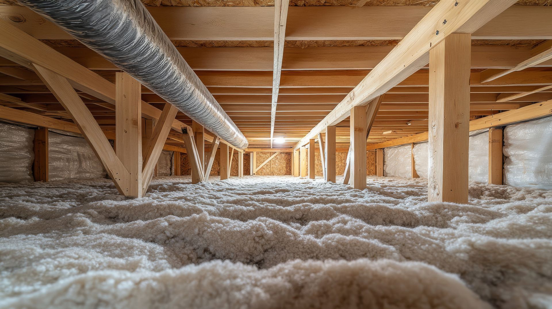 Looking up into the attic of a house filled with insulation and pipes.