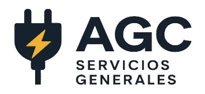 Logotipo de AGC Servicios Generales, que presenta el símbolo de un enchufe con un rayo y texto.