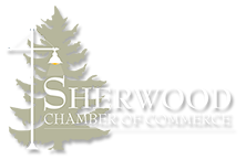 A logo for the sherwood chamber of commerce with a pine tree and a street light.