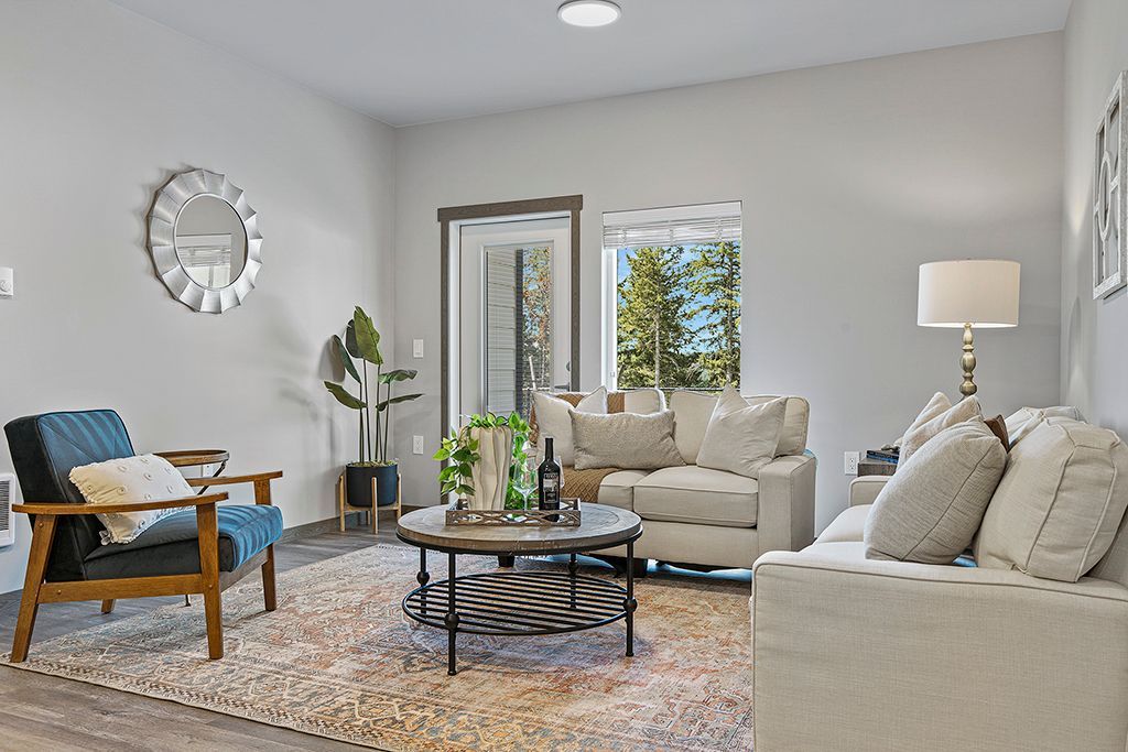 Photo showing the natural lighting of the living room coming from a tall window, as well as a glass door