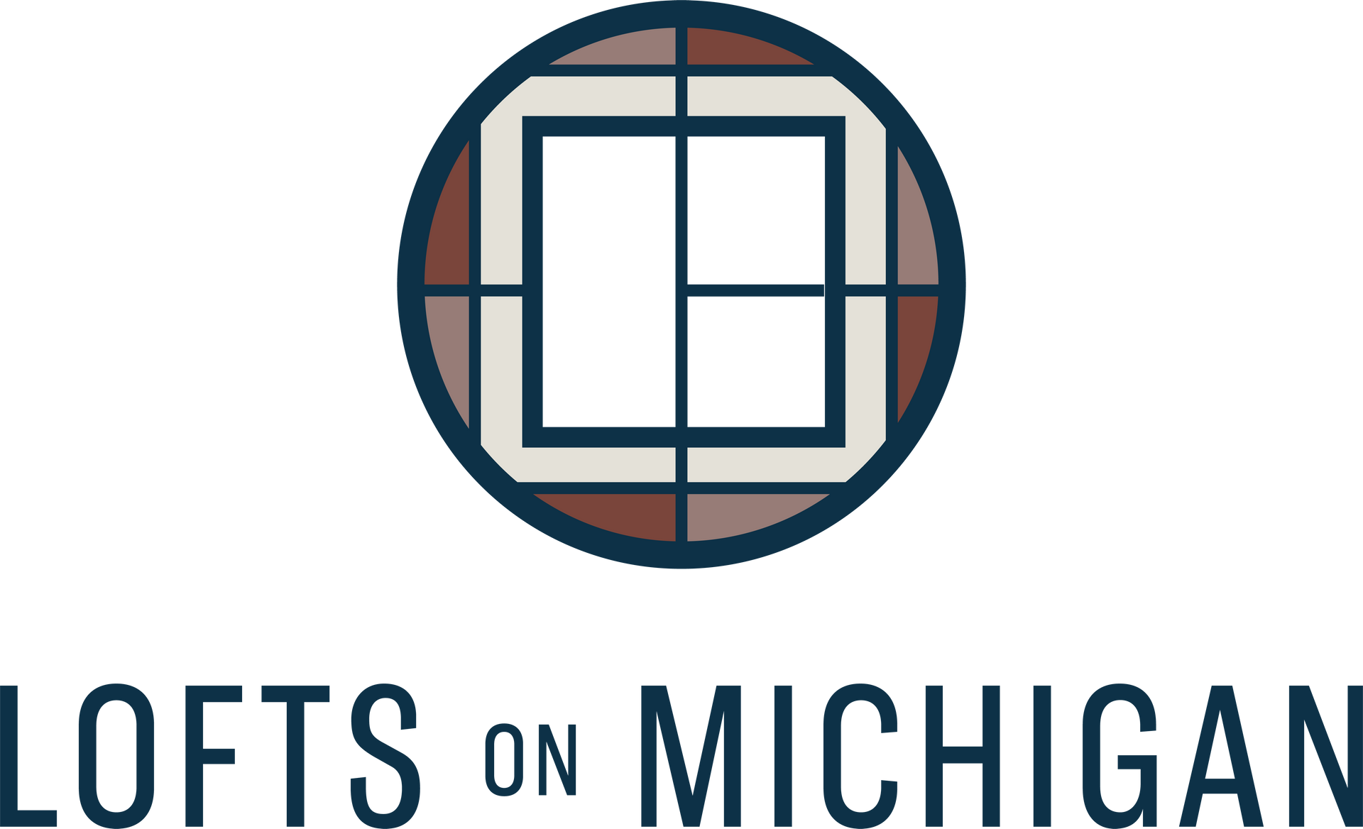 Lofts on Michigan logo with a circular window icon and navy text on a white background