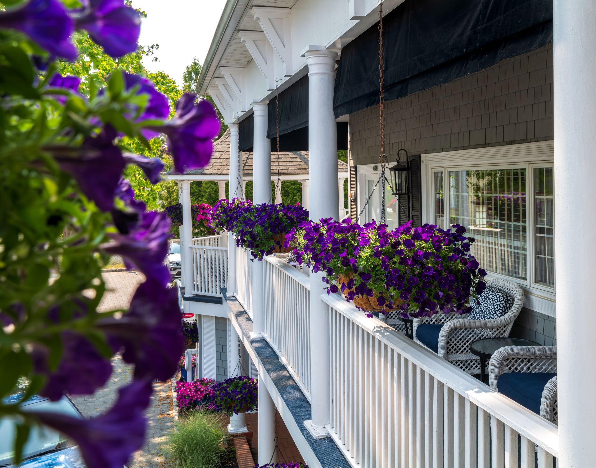A balcony with purple flowers and chairs on it