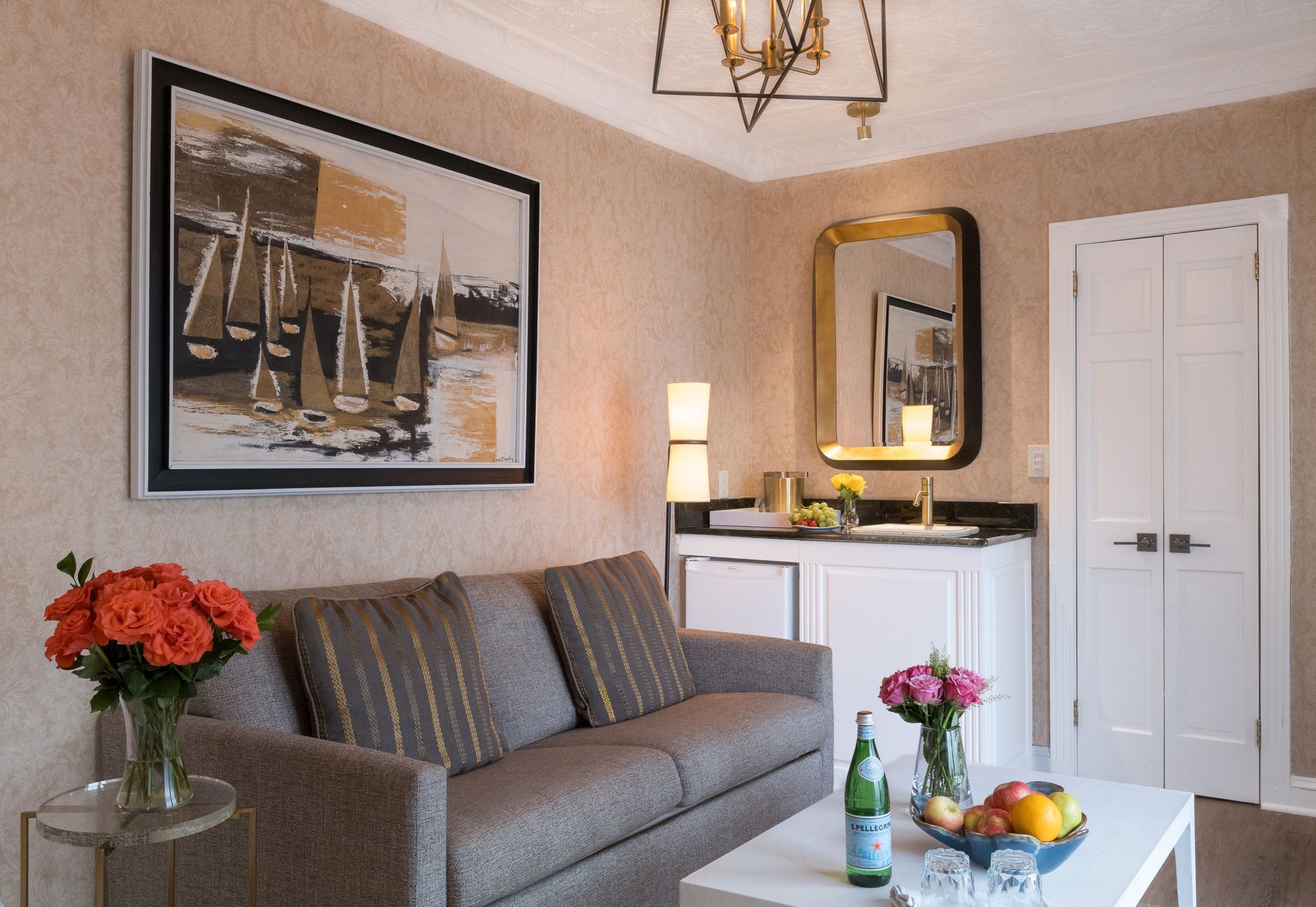 A living room with a couch and a coffee table