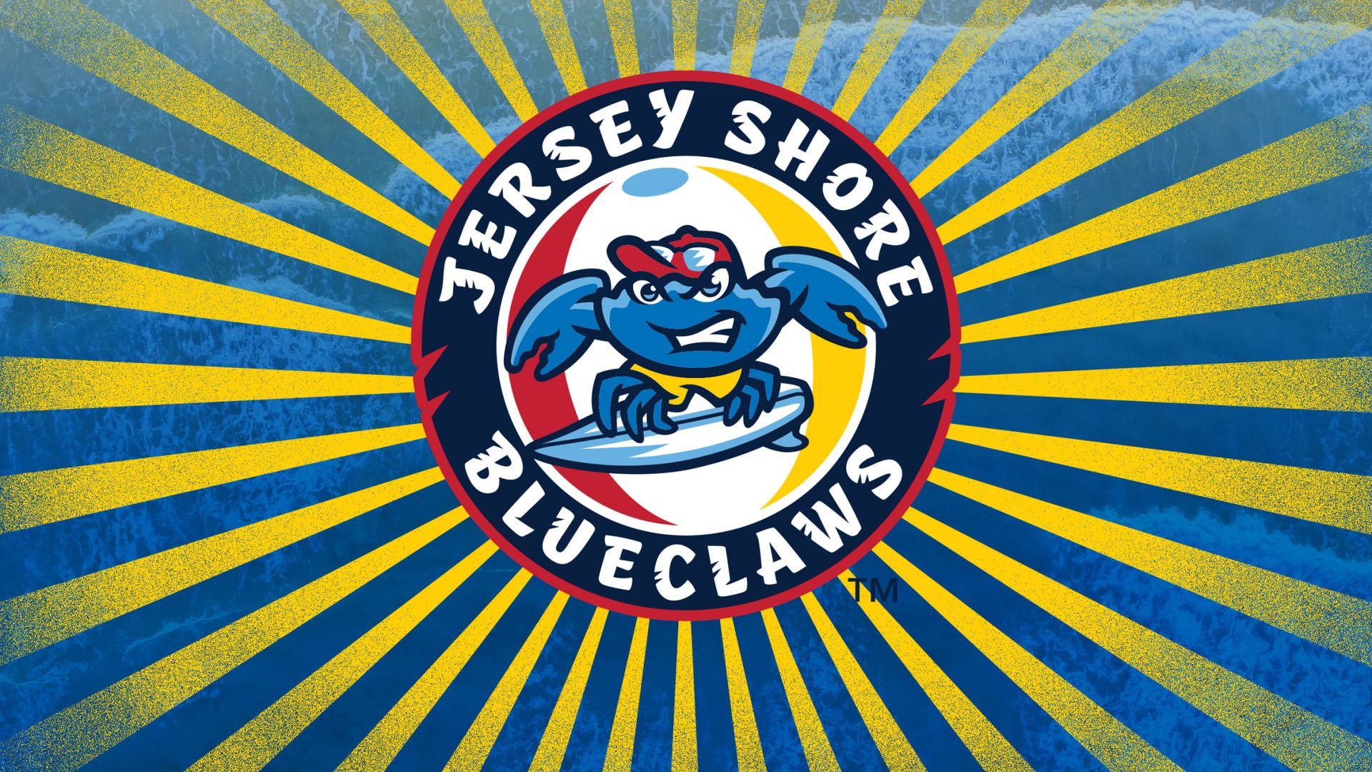 The jersey shore blue claws logo is on a blue and yellow background.