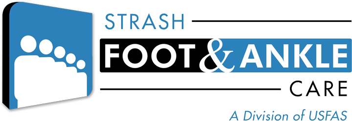 Logo for Strash Foot & Ankle Care, showing a foot outline, text, and blue and black color scheme.