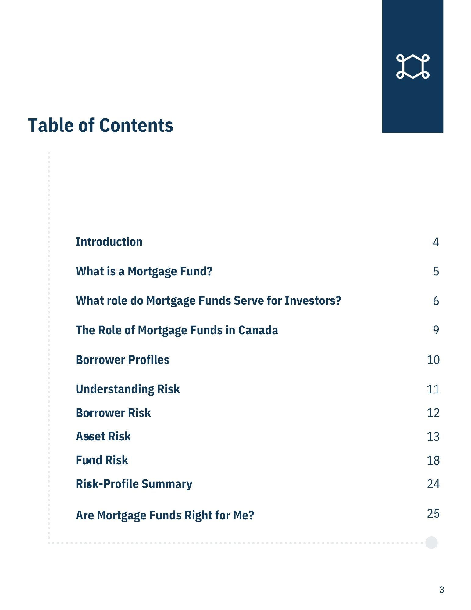 Table of contents for a document about mortgage funds, with listed topics and page numbers.