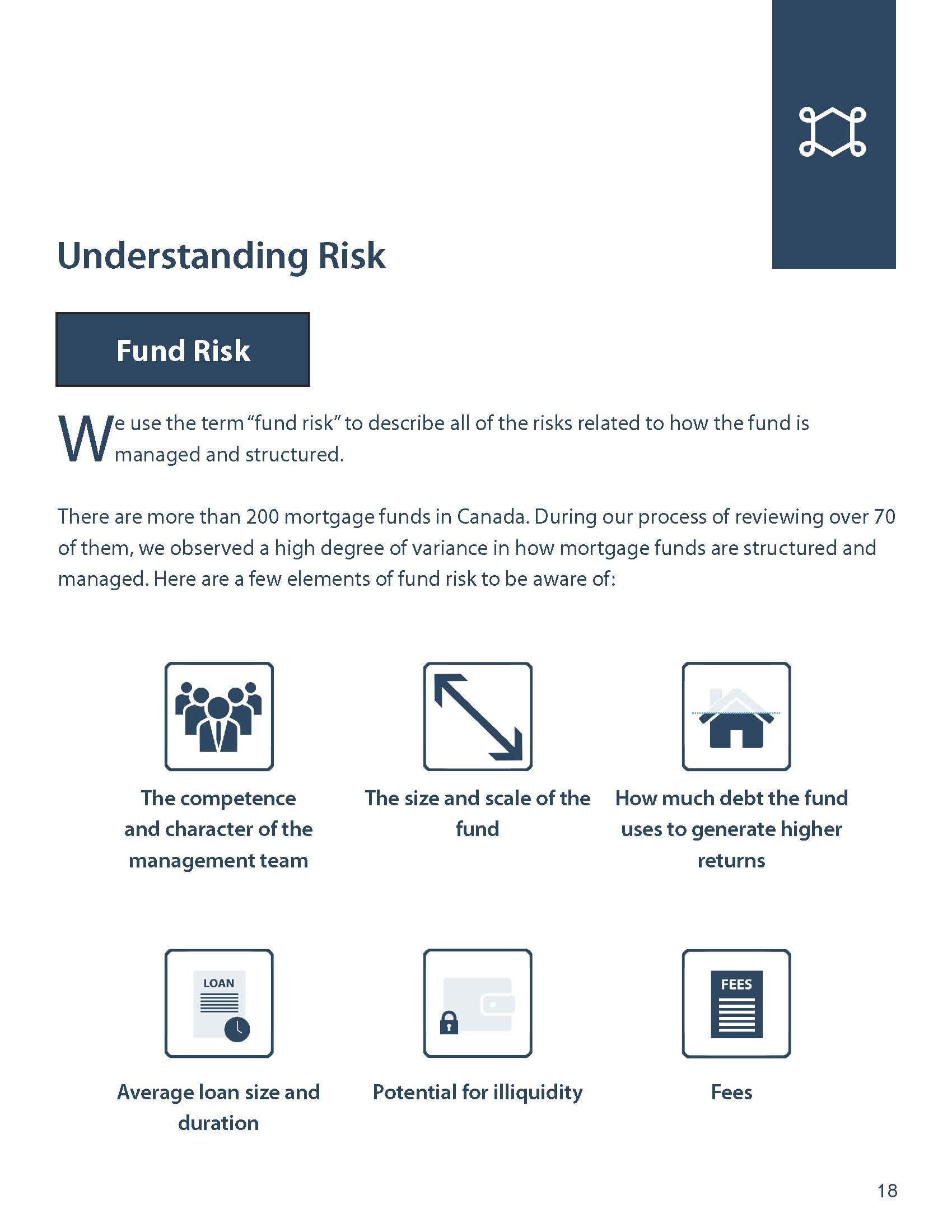 Page illustrating fund risk with icons representing various aspects.