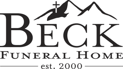 Beck Funeral Home logo with mountain and cross, “est. 2000” text