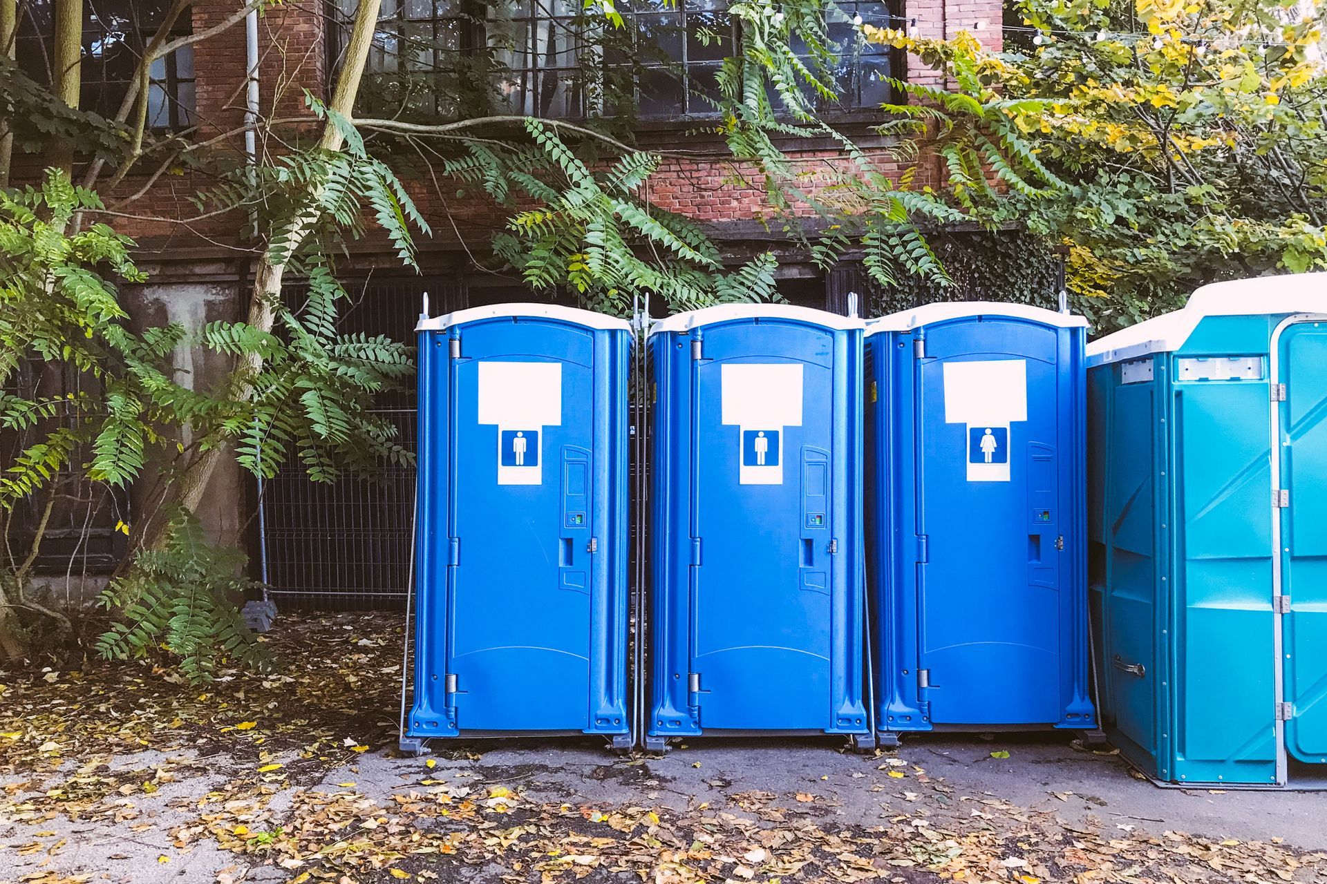 Three blue portable toilets are lined up in front of a building.