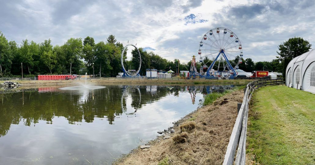 There is a ferris wheel in the background and a lake in the foreground.