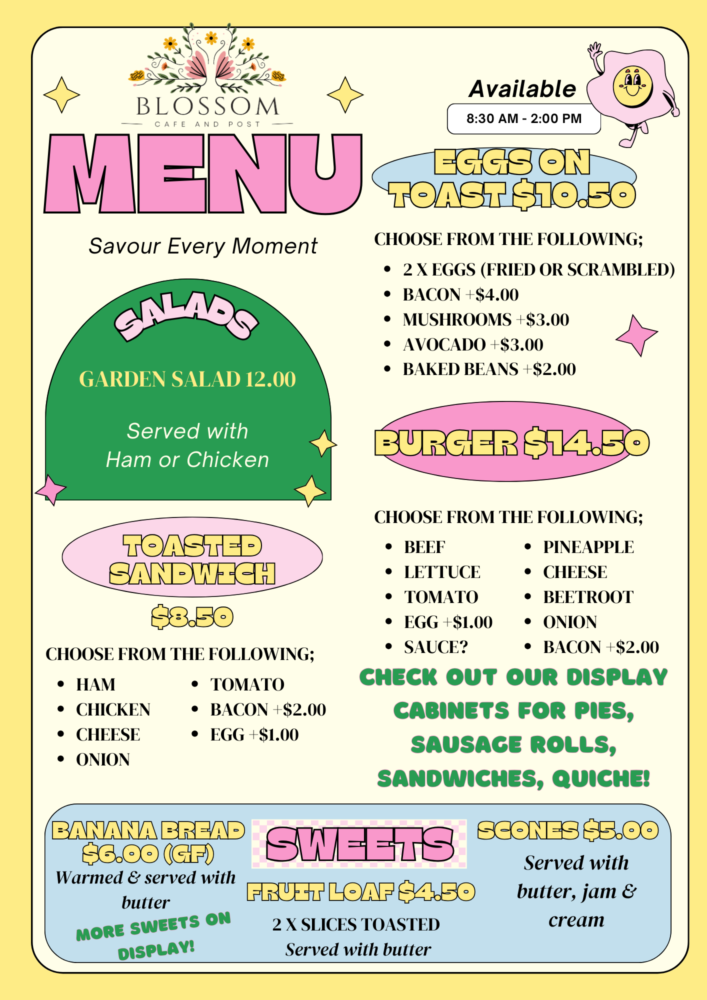 Drink menu: hot & cold drinks listed with prices. Pink text on green arched backgrounds.
