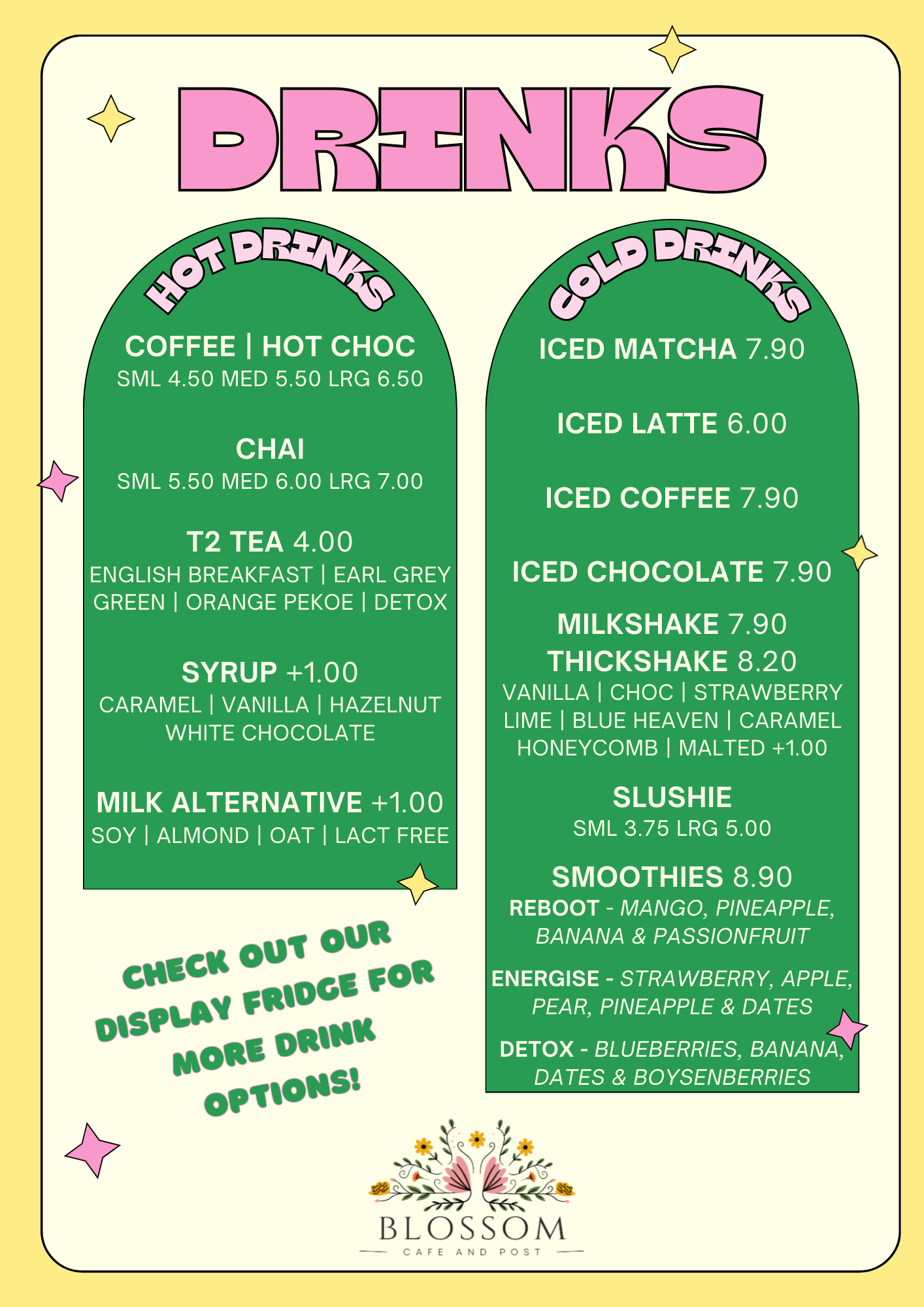 Drink menu: hot & cold drinks listed with prices. Pink text on green arched backgrounds.