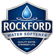 Rockford Water Softener Logo with Shield Badge Emblem, Water Droplet, Ripple Graphic, Quality Water Tagline, and Company Name in Rockford, IL