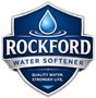 Rockford Water Softener Logo with Shield Badge Emblem, Water Droplet, Ripple Graphic, Quality Water Tagline, and Company Name in Rockford, IL