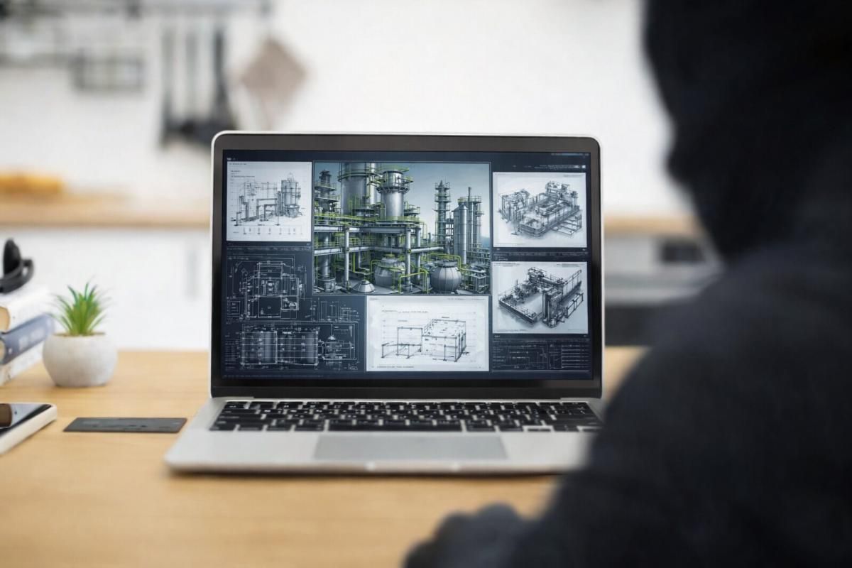 Persona che guarda gli schemi di progettazione industriale su un computer portatile.