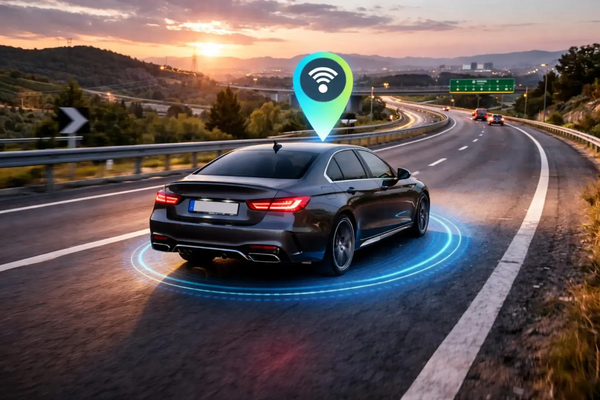 Un'auto scura in autostrada, con un segnaposto e il simbolo del Wi-Fi che aleggiano sopra. Il sole tramonta sullo sfondo.