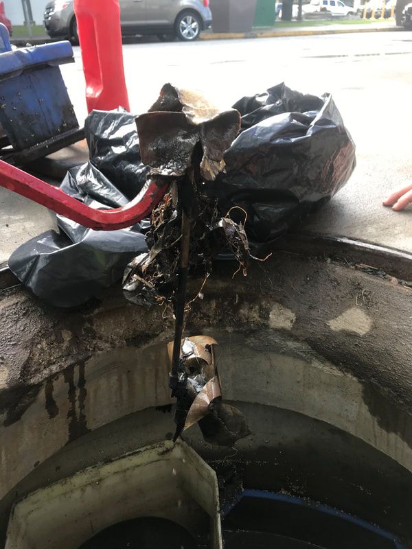 A worker uses a red tool to pull trash and sludge out of an open storm drain on a street.