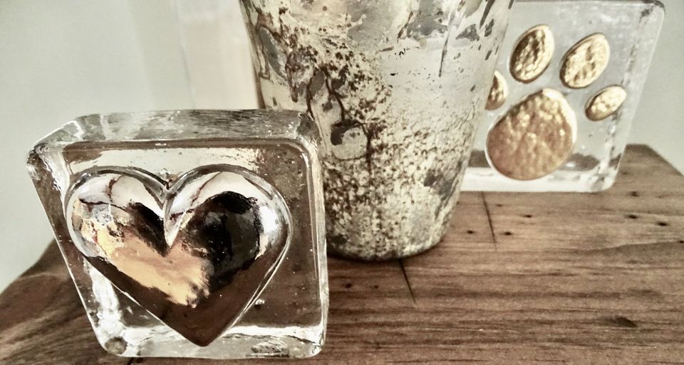 Glass Heart and Paw shown with mixed metal vase