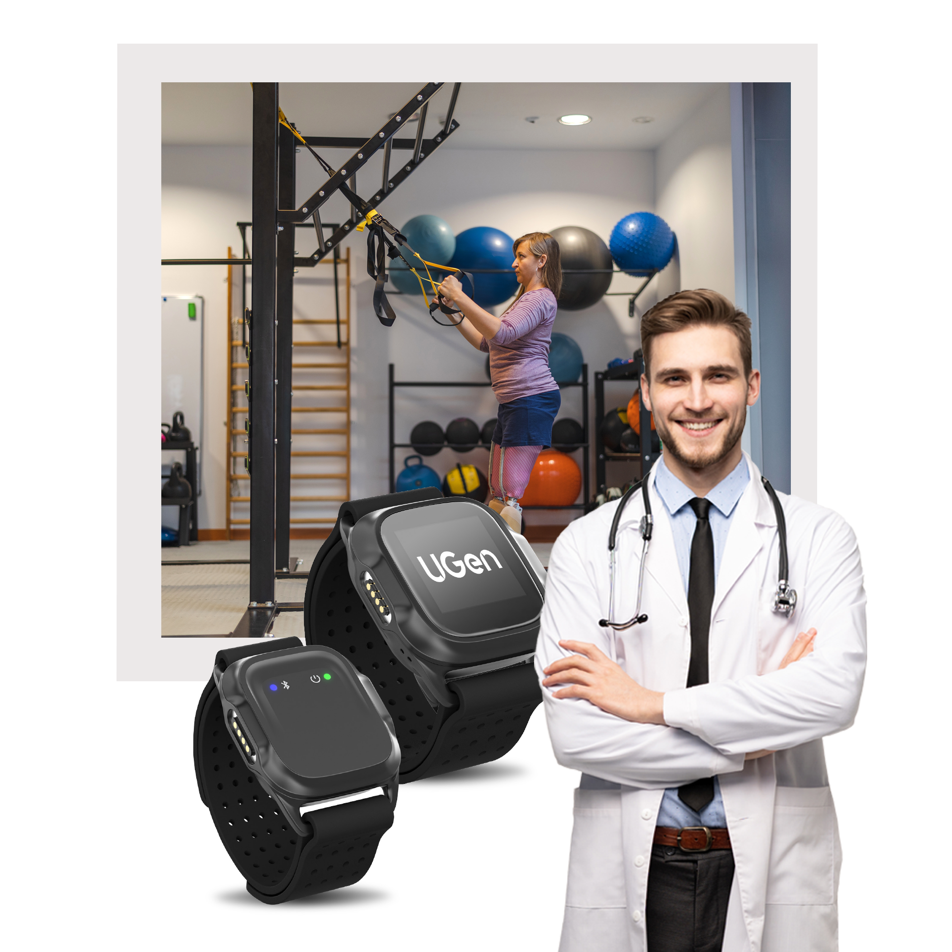 Physical therapist standing in front of image of UGen wearable device
