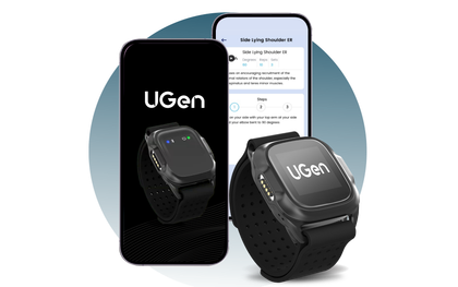 Image of UGen physical therapy device and UGen app on a mobile phone