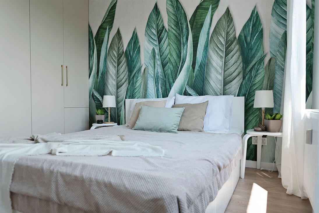 Bedroom With Green Leaves Wallpaper