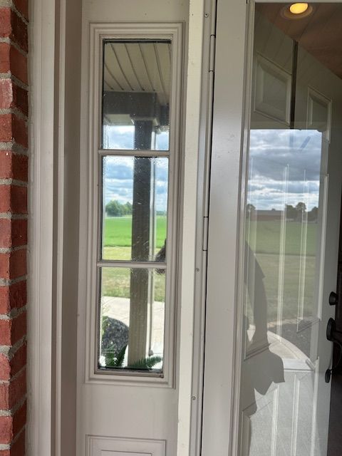 Exterior door with sidelight window, reflecting a green field and cloudy sky.