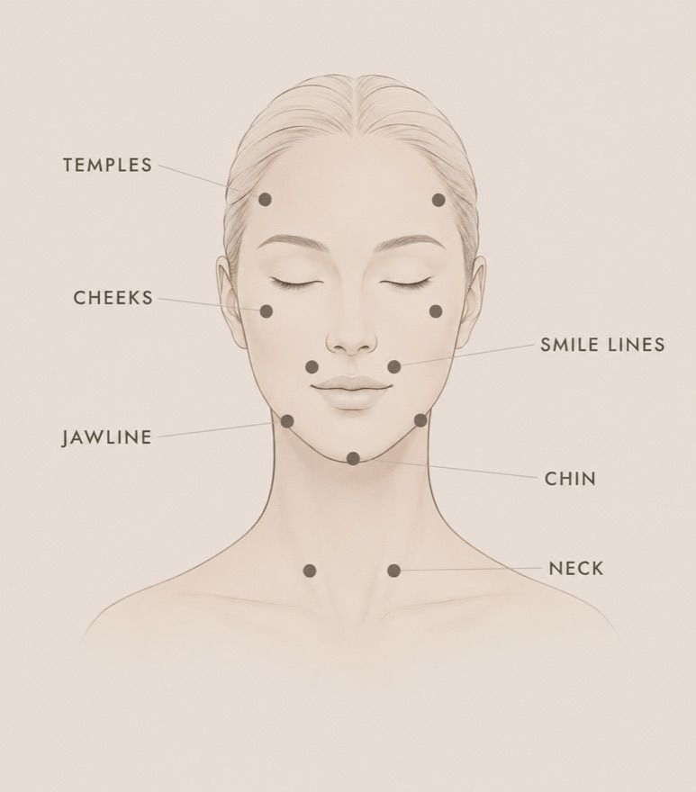 Diagram highlighting biostimulator treatment areas: temples, cheeks, smile lines, jawline, chin and neck