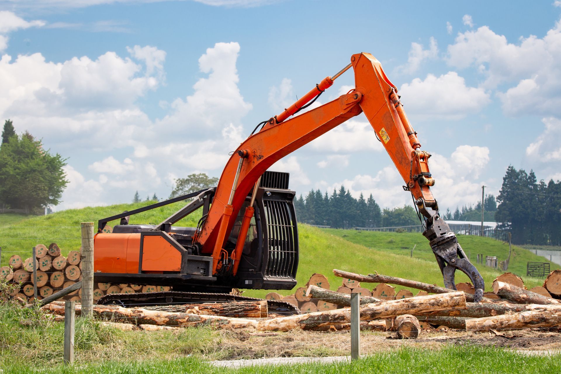 Orange excavator with grapple lifting logs, outdoors with grass and trees.