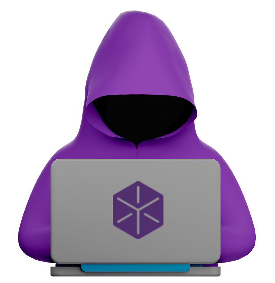 Purple hooded figure working on a laptop with a purple geometric icon on the screen.