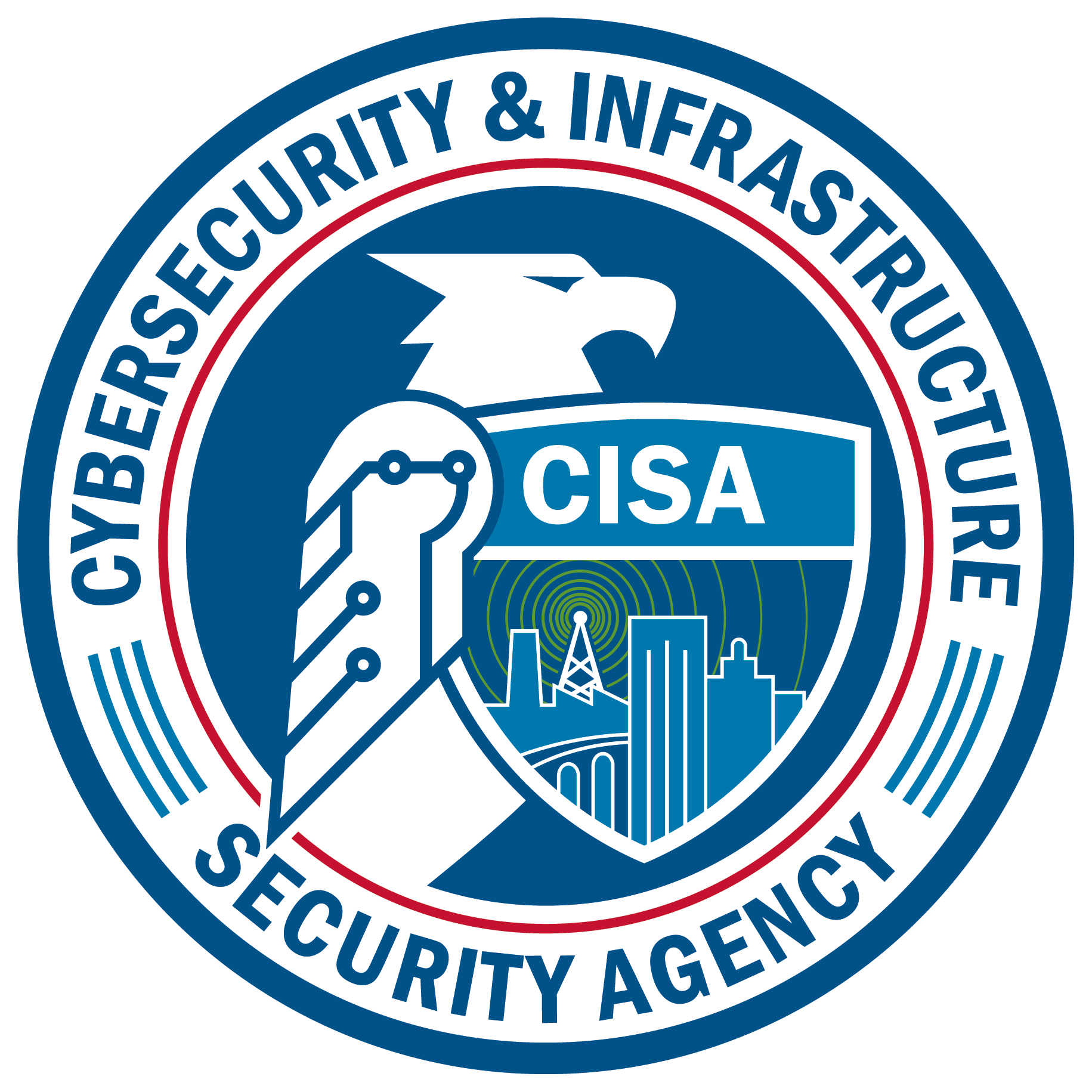 CISA seal with blue, white, and red design.  Text says