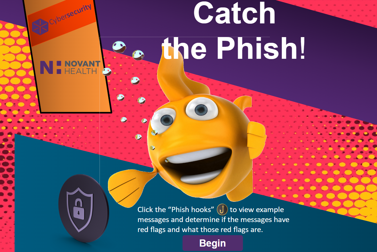 A cartoon fish with a security shield, promoting a phishing awareness campaign. Text: 