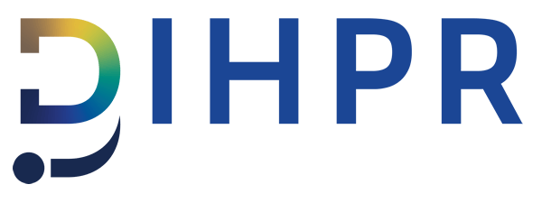 Logo for IHPR, dark blue letters with a stylized