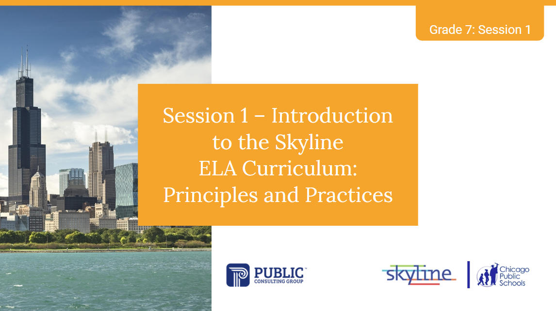 Slide introducing the Skyline ELA Curriculum with a Chicago skyline and session title.