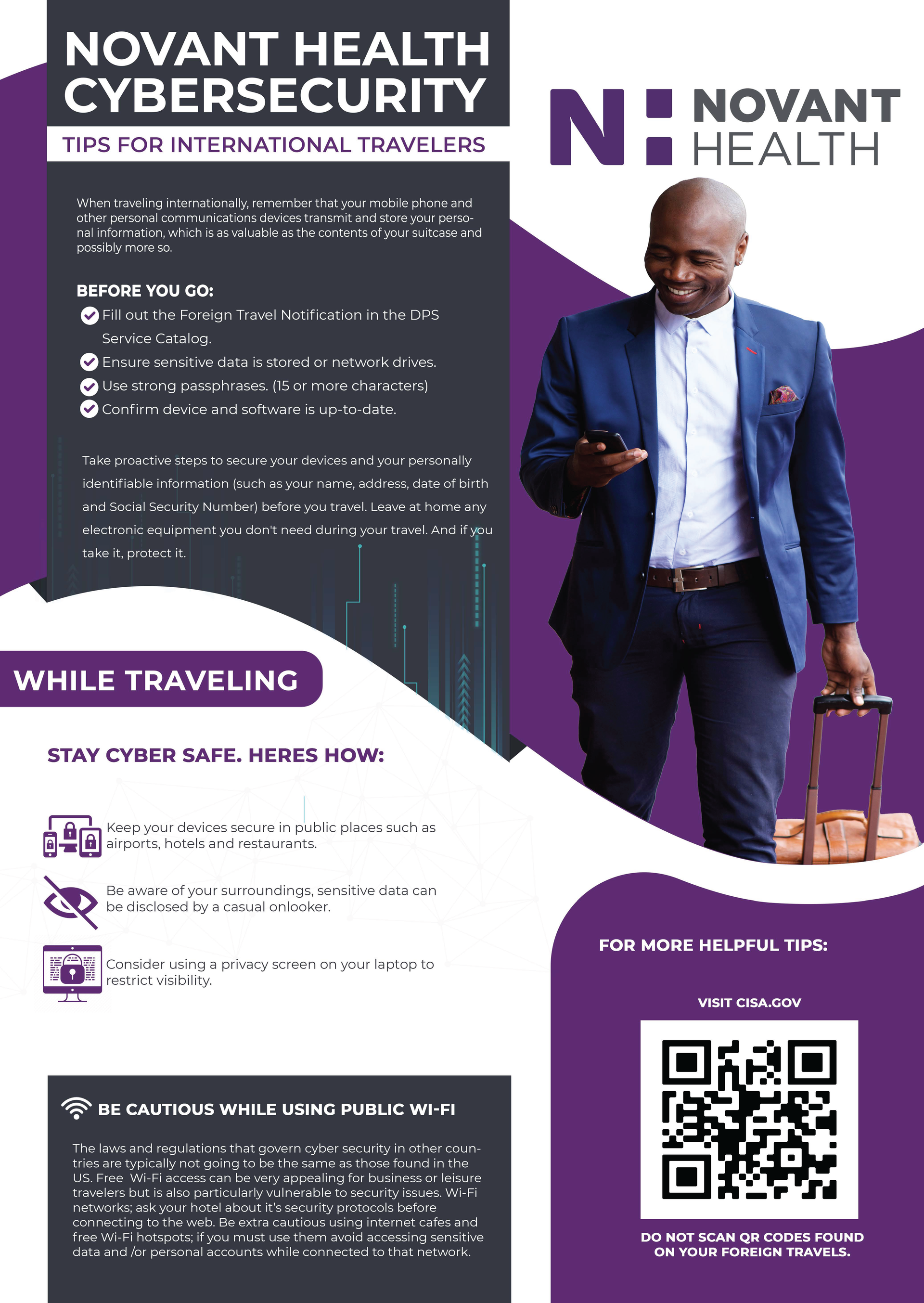 Novant Health cybersecurity flyer: Man in suit with luggage, purple and white design, QR code.