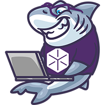 Smiling shark wearing glasses and a purple shirt, holding a laptop.