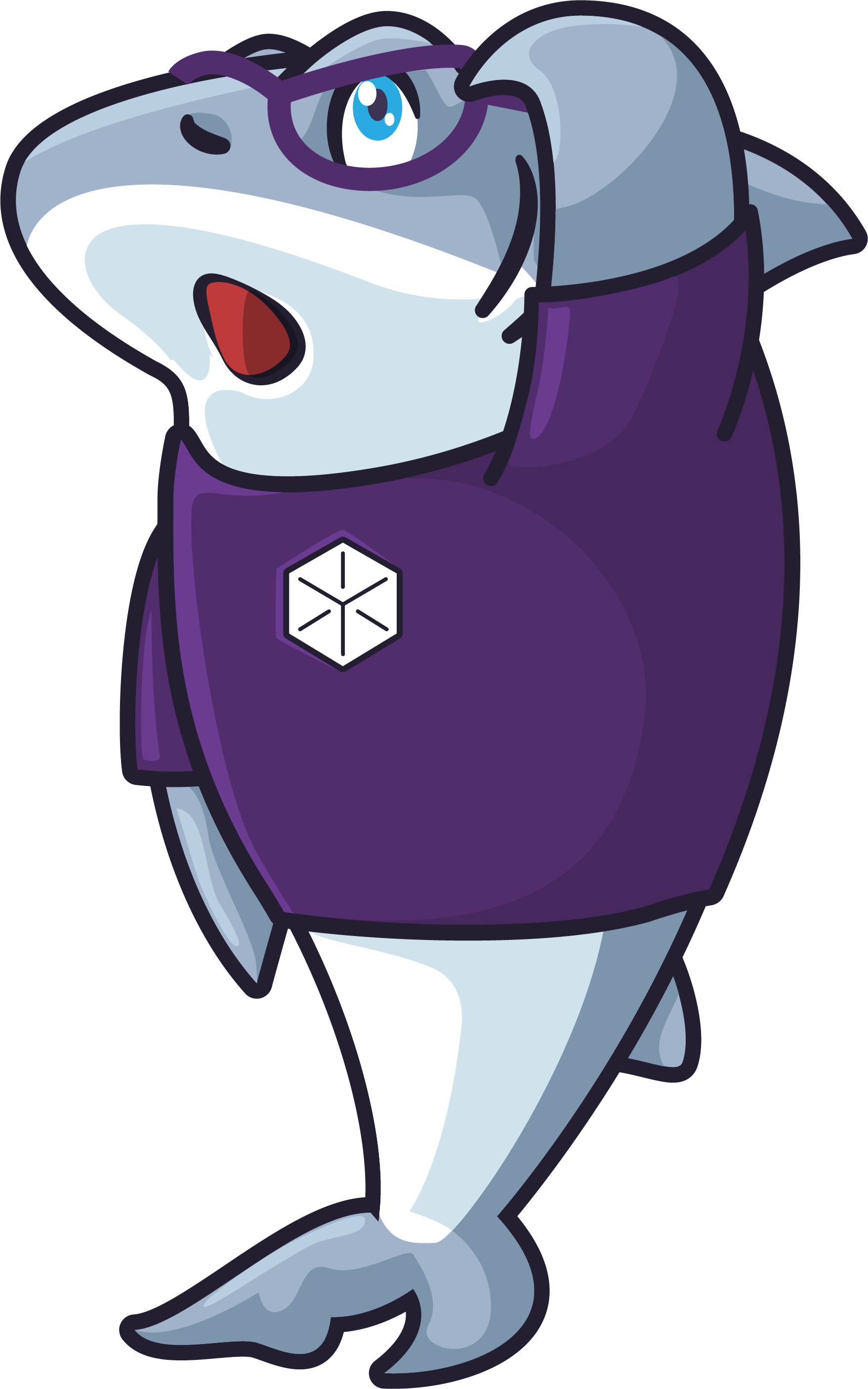 Shark character wearing glasses, purple shirt, surprised expression, raising a fin to its head.