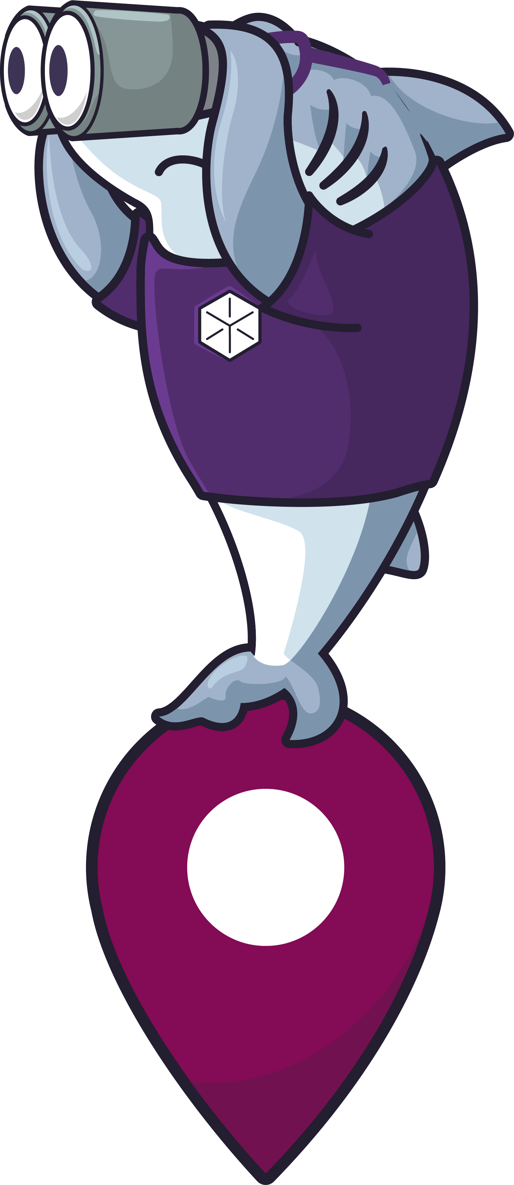 Shark wearing a purple shirt, holding binoculars, standing on a purple location pin.
