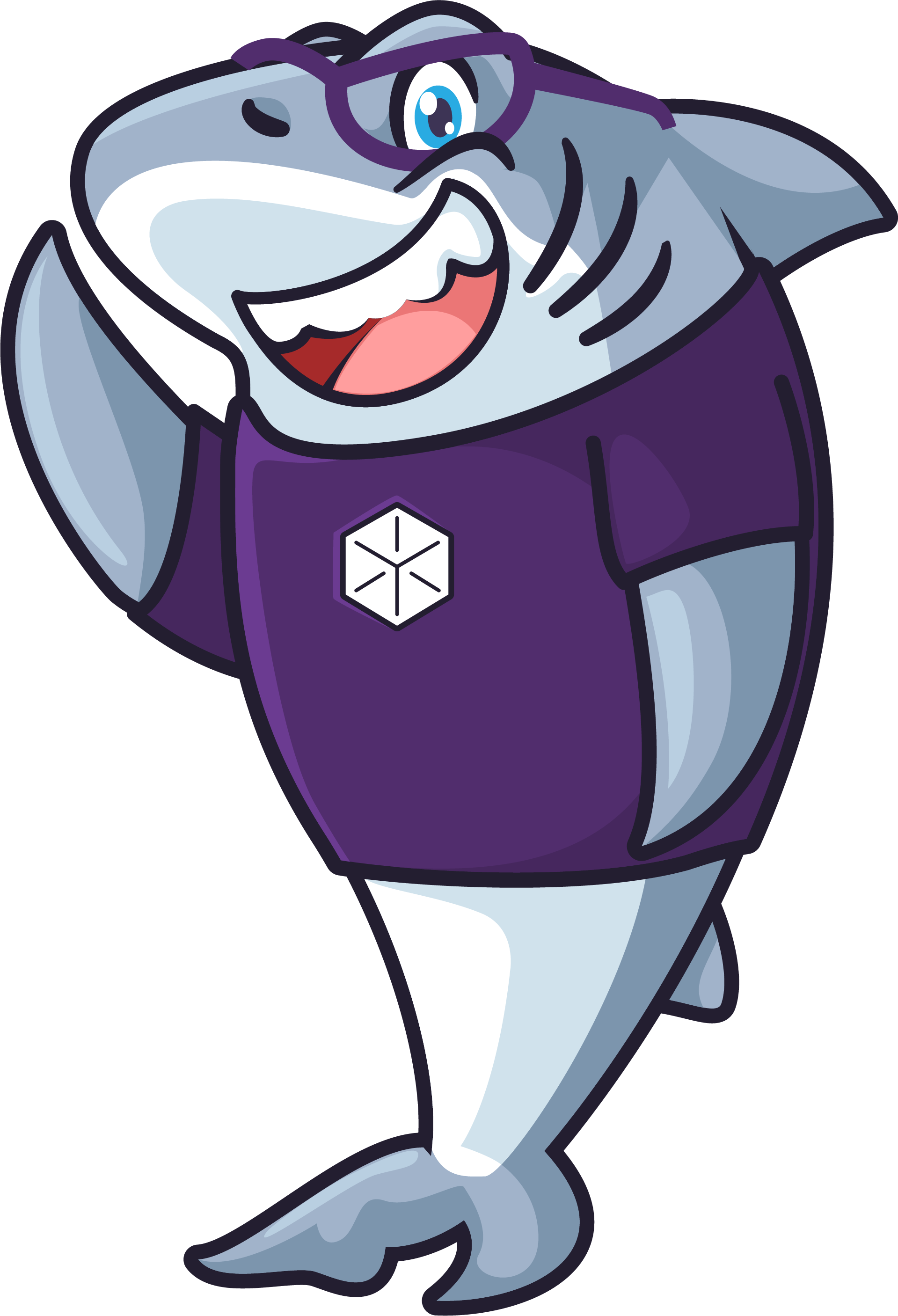 Smart shark mascot with glasses and purple shirt, waving hello.