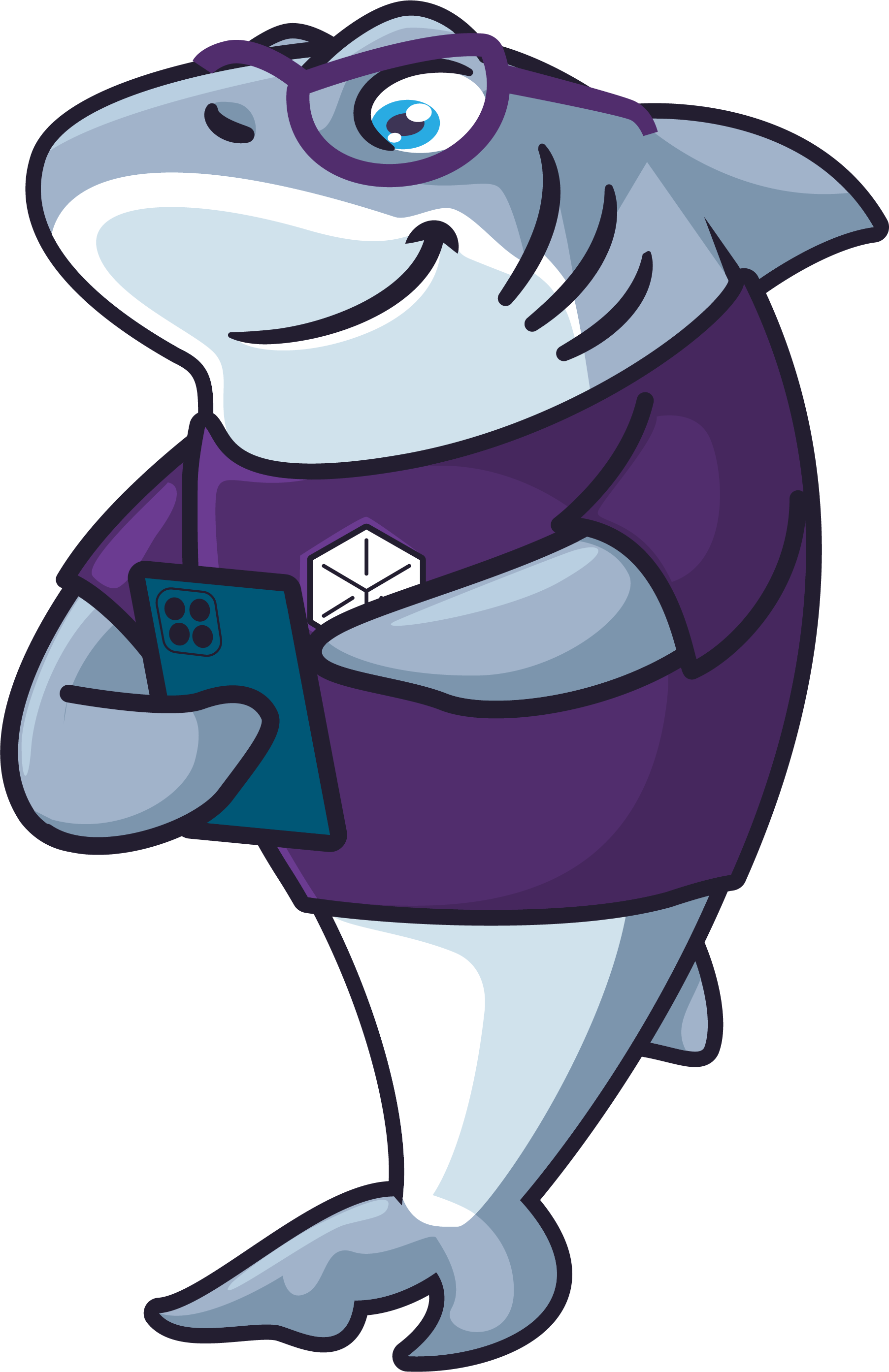 Shark wearing glasses and a purple shirt, holding a phone, smiling.