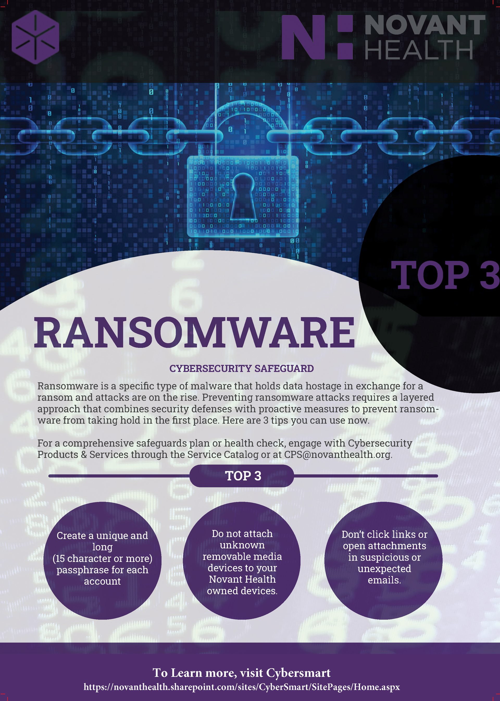 Poster about ransomware. Novant Health logo. Top 3 ransomware threats. Lock and chain graphic.