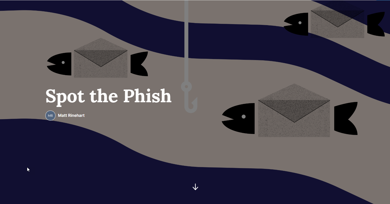 Three fish-shaped envelopes swim in water, one snagged by a hook. Title 