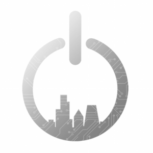 Silver power button with a city skyline inside, overlaid with circuit board lines.