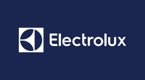 Electrolux logo with white emblem inside a square, company name in white on a navy background.