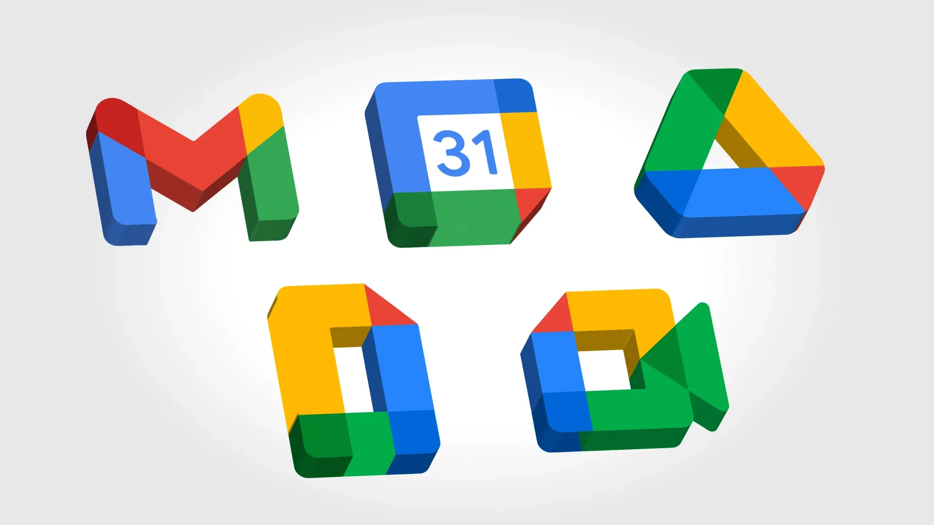 Google app icons: Gmail, Calendar with date 31, Drive, Docs, and Meet, all with 3D effect and colorful gradients.