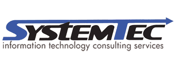 Logo for SystemTec, information technology consulting services. Blue and black text with blue arrow.