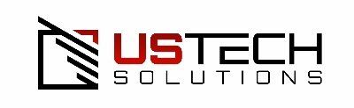 Logo of USTECH SOLUTIONS with a square icon and text in black and red.