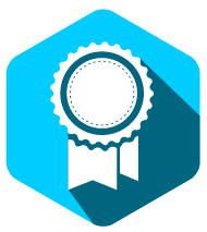 White award ribbon icon on a blue hexagonal background with a dark blue shadow.