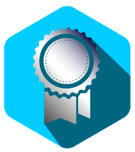 Silver award badge on a blue hexagon background with a long shadow.